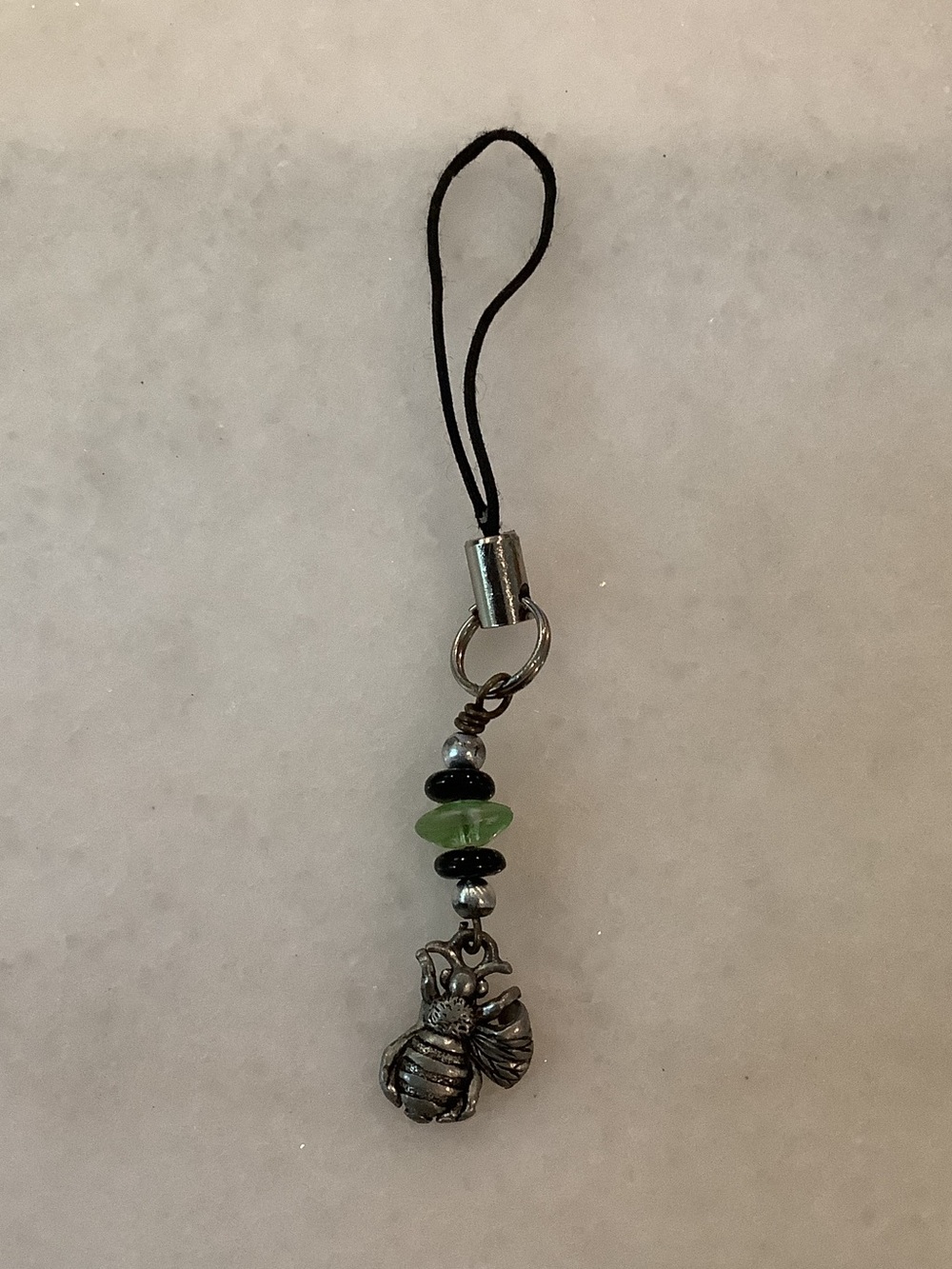Silver Bee Charm Phone Strap with Green Accent, Brand New